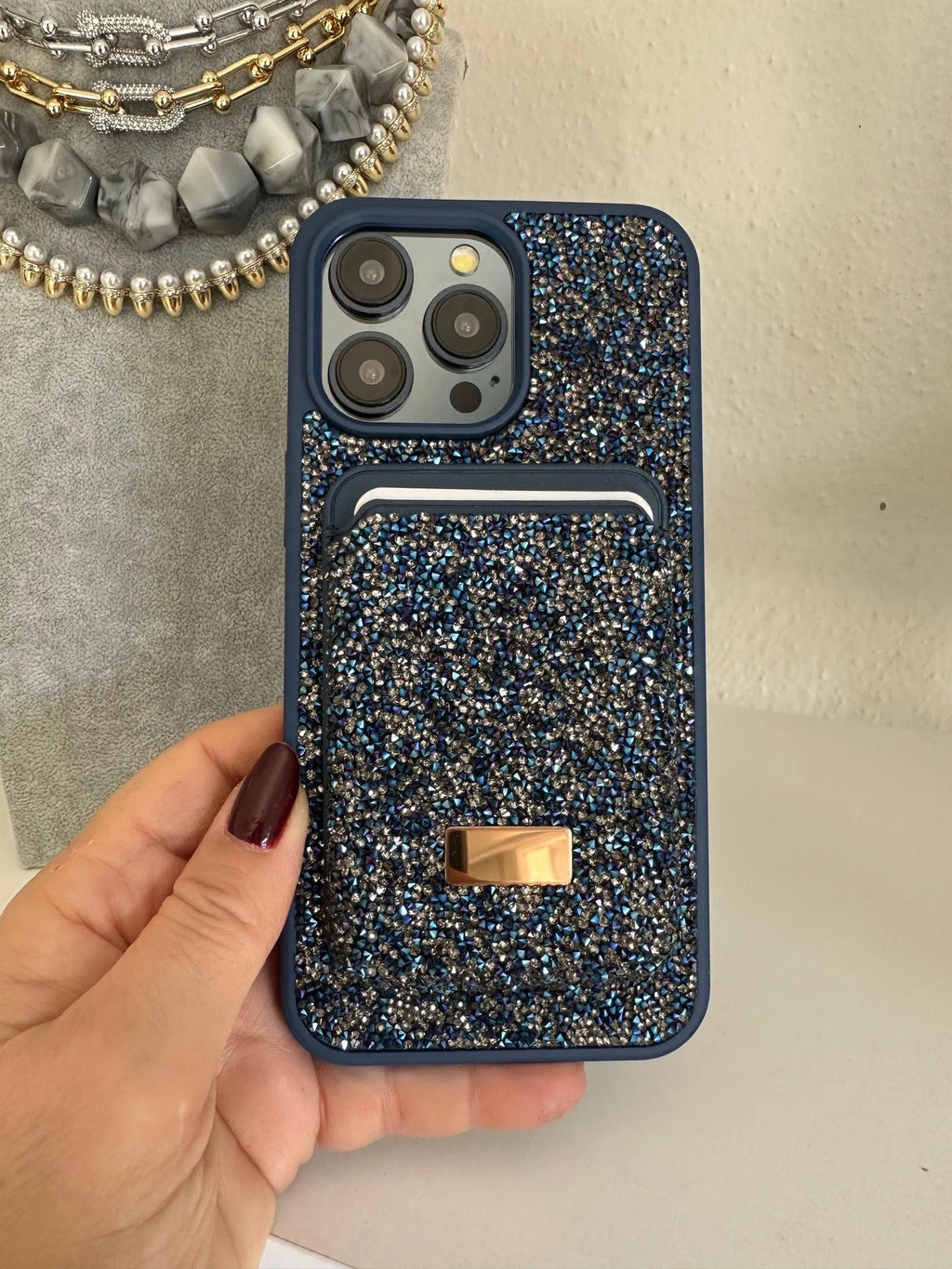 Diamond Lacivert Taşlı Telefon Kılıfı Ve Magsafe Kredi Kartlık