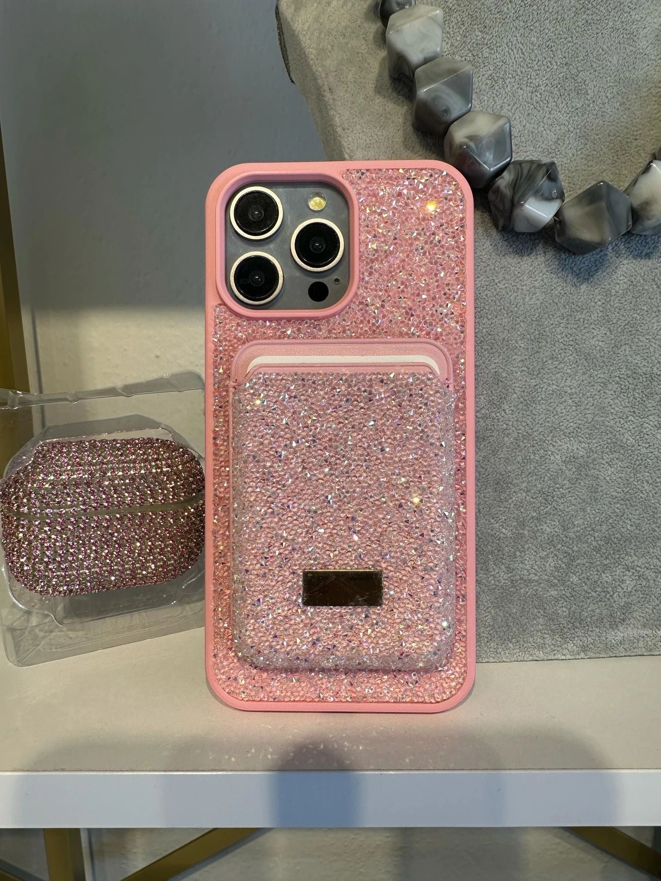 Diamond Pembe Taşlı Telefon Kılıfı Ve Magsafe Kredi Kartlık