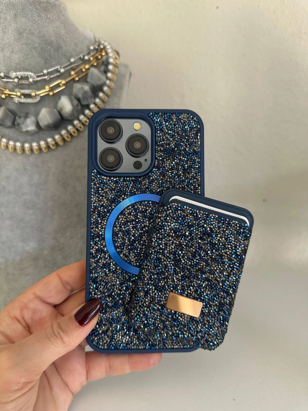Diamond Lacivert Taşlı Telefon Kılıfı Ve Magsafe Kredi Kartlık