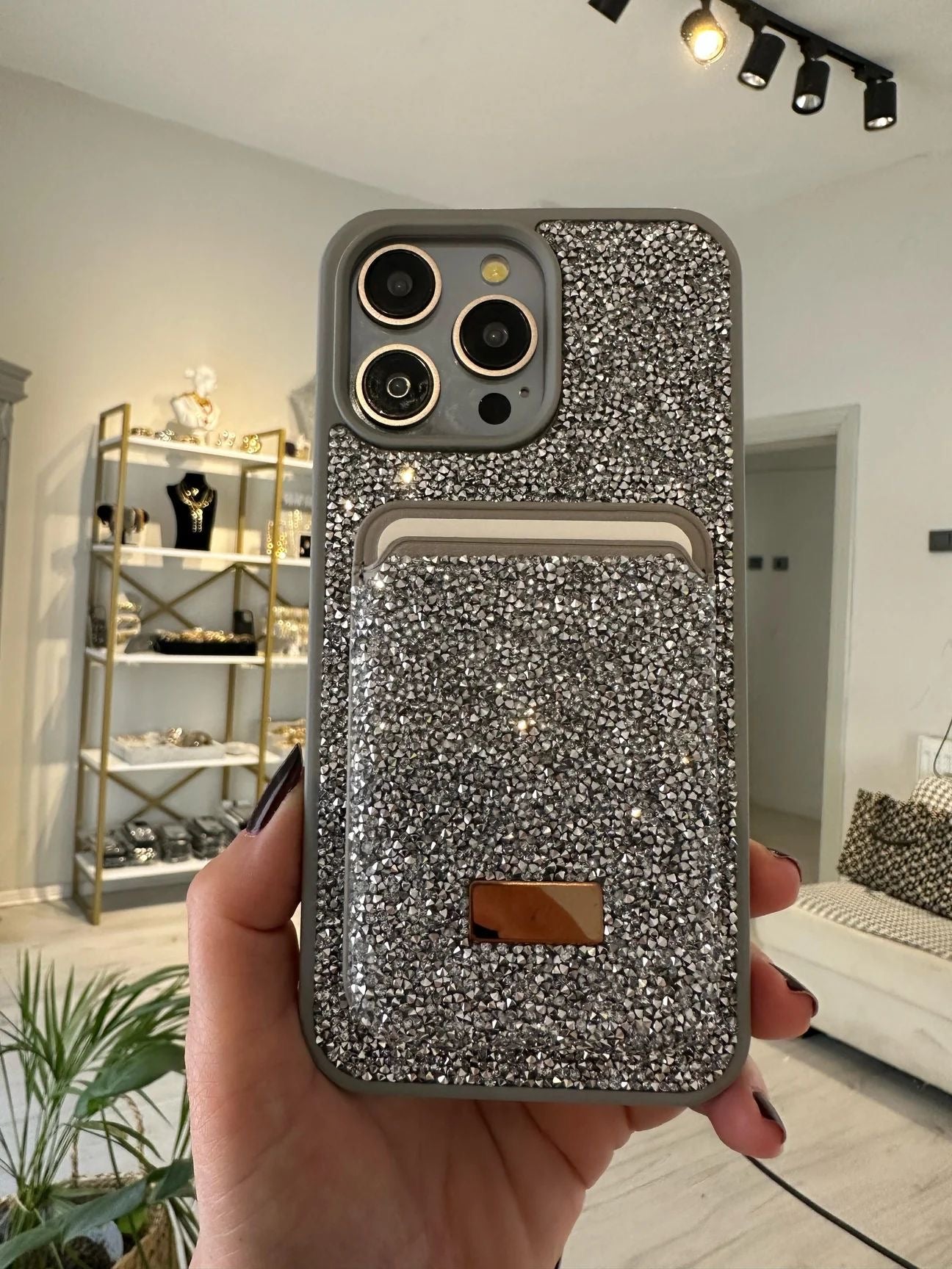 Diamond Gümüş Taşlı Telefon Kılıfı Ve Magsafe Kredi Kartlık