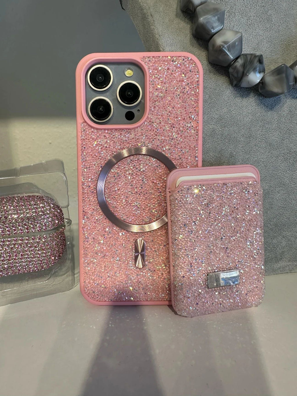 Diamond Pembe Taşlı Telefon Kılıfı Ve Magsafe Kredi Kartlık