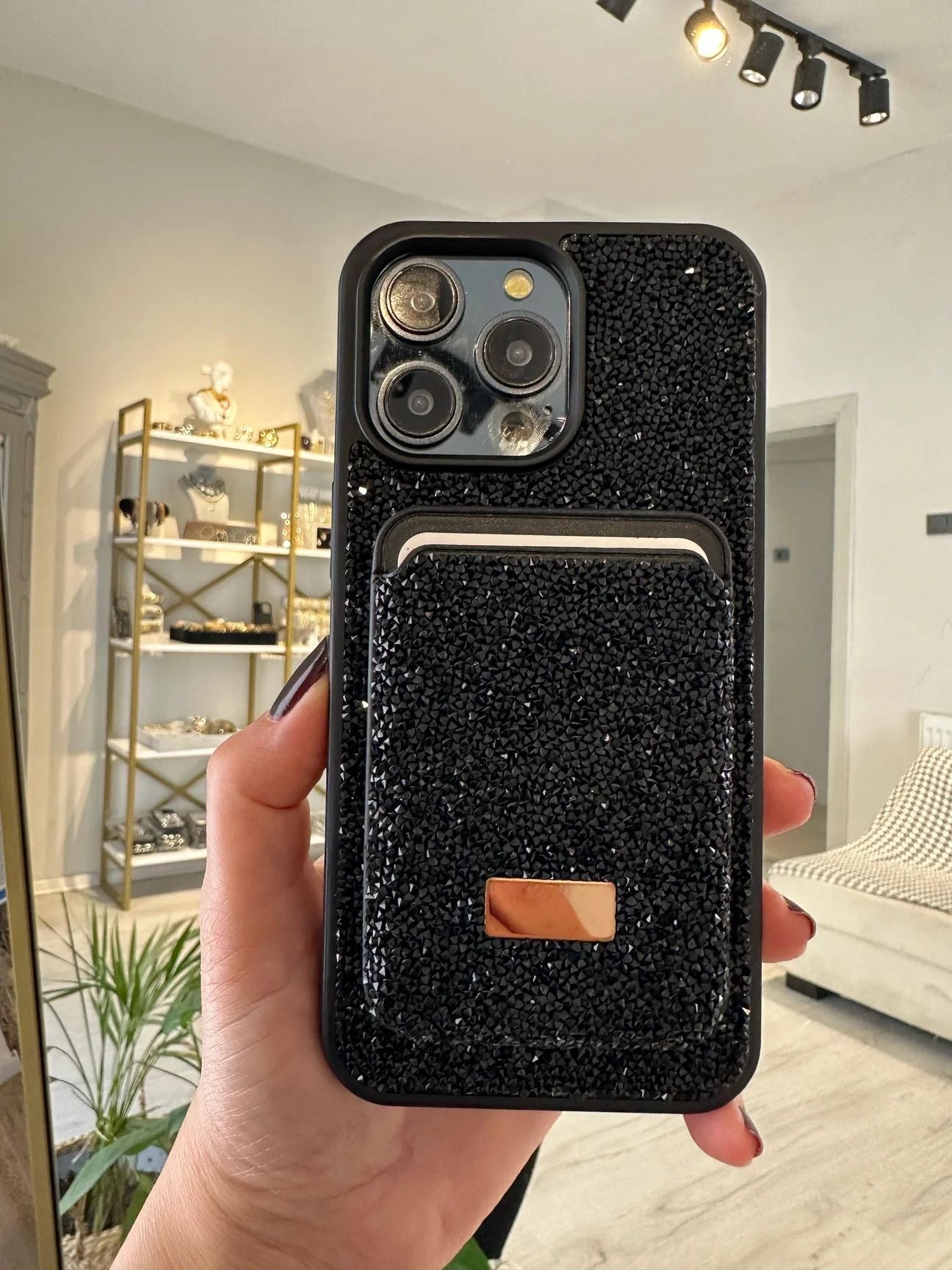 Diamond Siyah Taşlı Telefon Kılıfı Ve Magsafe Kredi Kartlık
